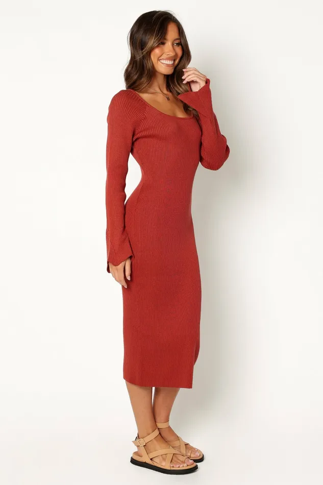 Skylee Long Sleeve Midi Dress Rust Event Dresses Petal and Pup Women