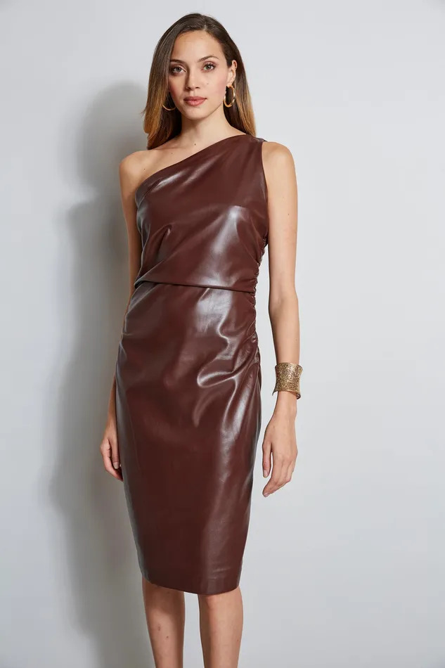 Sleeveless Dresses Women Elie Tahari One Shoulder Vegan Leather Dress DARK AMETHYST