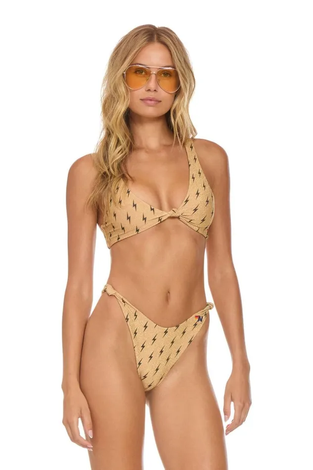 Sparkle Riviera Knot Front Top Bikini Top 8211 Black Bolt Repeat Women Aviator Nation Swim Tops