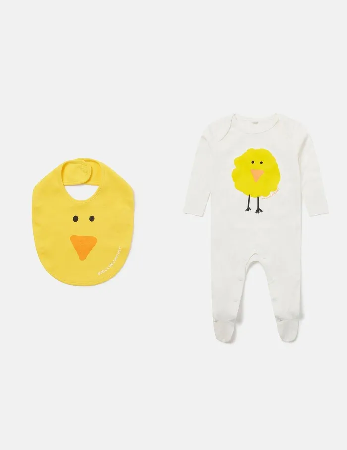 Stella McCartney Baby Boys Kids Chick Pattern Bib And Sleepsuit Set Yellow And White