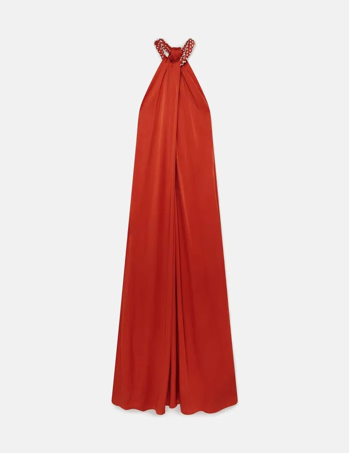 Stella McCartney Dresses Women Crystal Halterneck Satin Maxi Dress Scarlet Red Stella McCartney Dresses Women Crystal Halterneck Satin Maxi Dress Scarlet Red