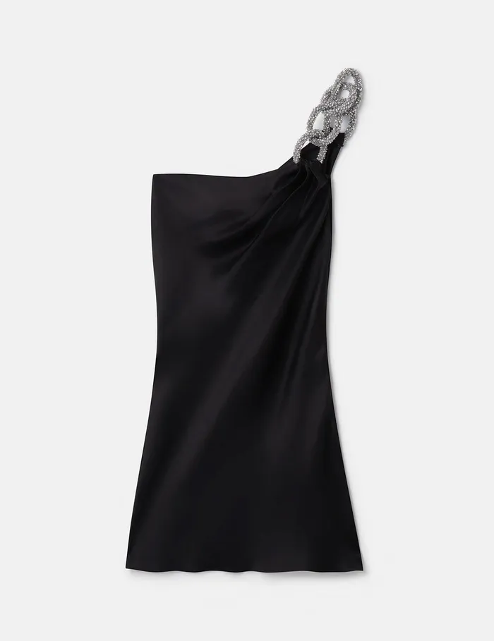 Stella McCartney Dresses Women Falabella Crystal Chain Double Satin OneShoulder Mini Dress Black Stella McCartney Dresses Women Falabella Crystal Chain Double Satin OneShoulder Mini Dress Black