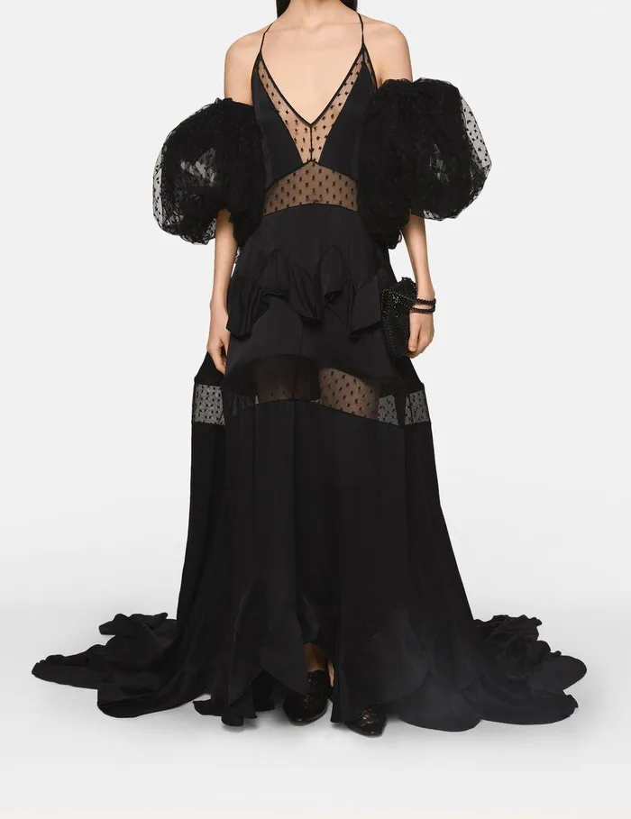 Stella McCartney Dresses Women Puff Sleeve Polka Dot Mesh Maxi Dress Midnight Black