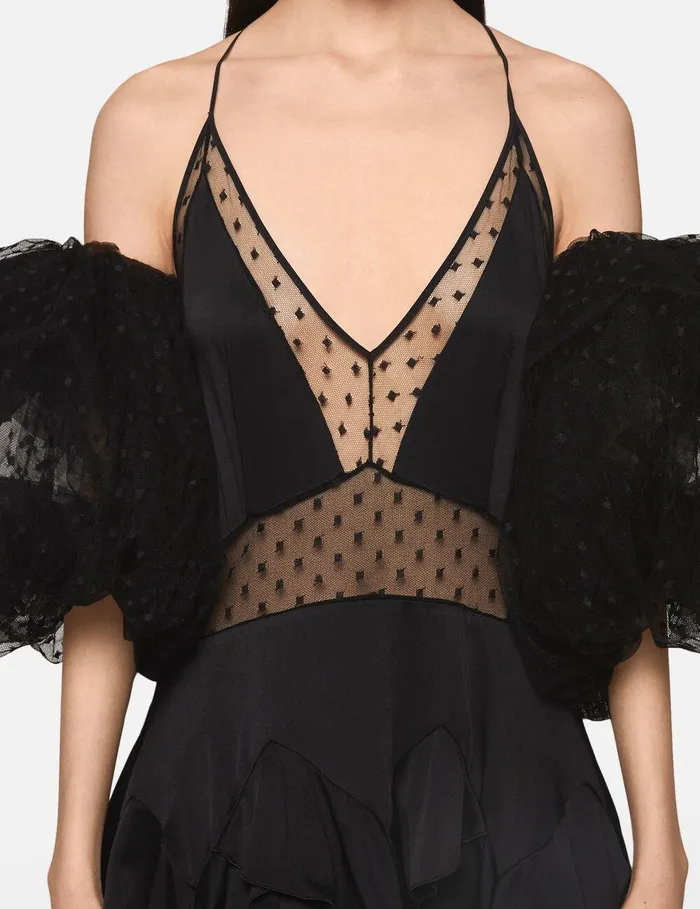 Stella McCartney Dresses Women Puff Sleeve Polka Dot Mesh Maxi Dress Midnight Black