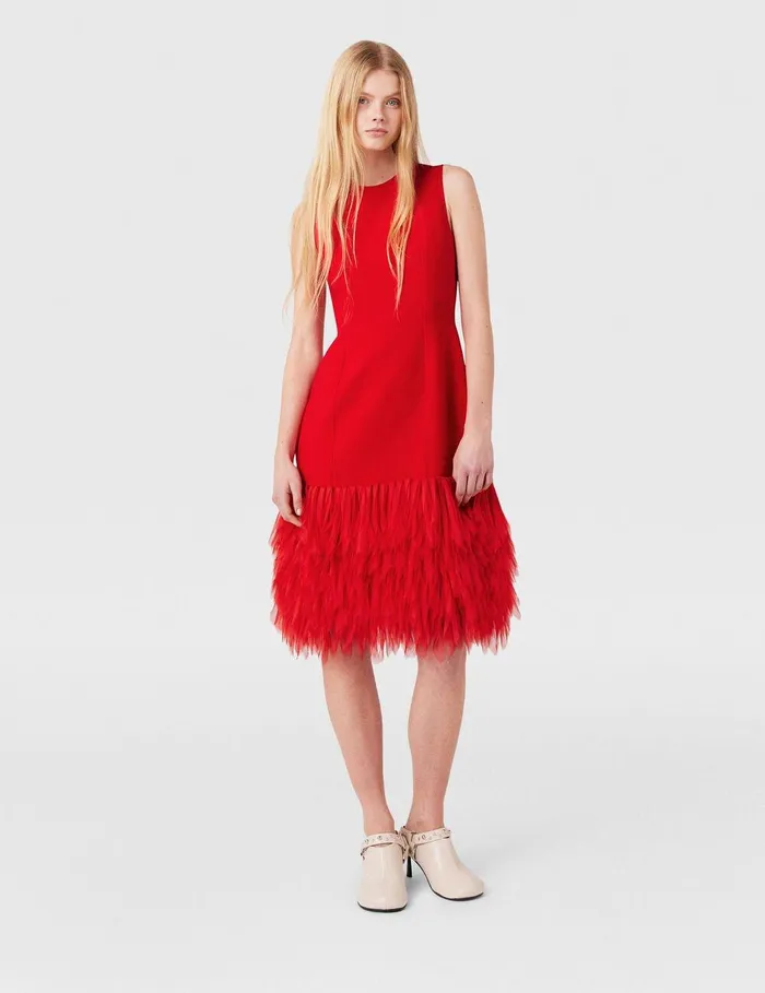 Stella McCartney Dresses Women Sleeveless Feather Midi Dress Lipstick Red Stella McCartney Dresses Women Sleeveless Feather Midi Dress Lipstick Red