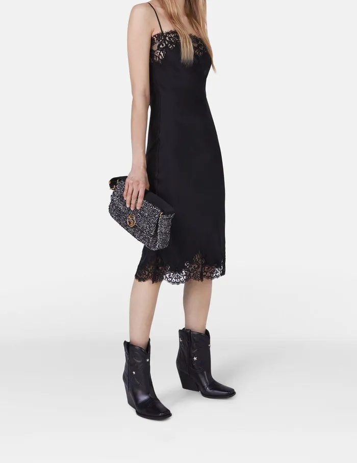 Stella McCartney Dresses Women Sleeveless Lace Satin Midi Dress Black Stella McCartney Dresses Women Sleeveless Lace Satin Midi Dress Black