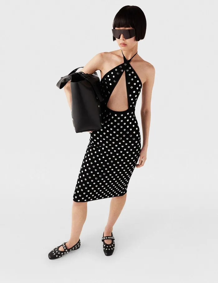 Stella McCartney Dresses Women Studded Halterneck Midi Dress Black And Sliver Stella McCartney Dresses Women Studded Halterneck Midi Dress Black And Sliver
