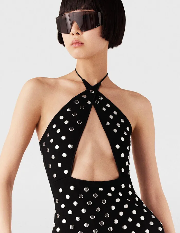 Stella McCartney Dresses Women Studded Halterneck Midi Dress Black And Sliver Stella McCartney Dresses Women Studded Halterneck Midi Dress Black And Sliver