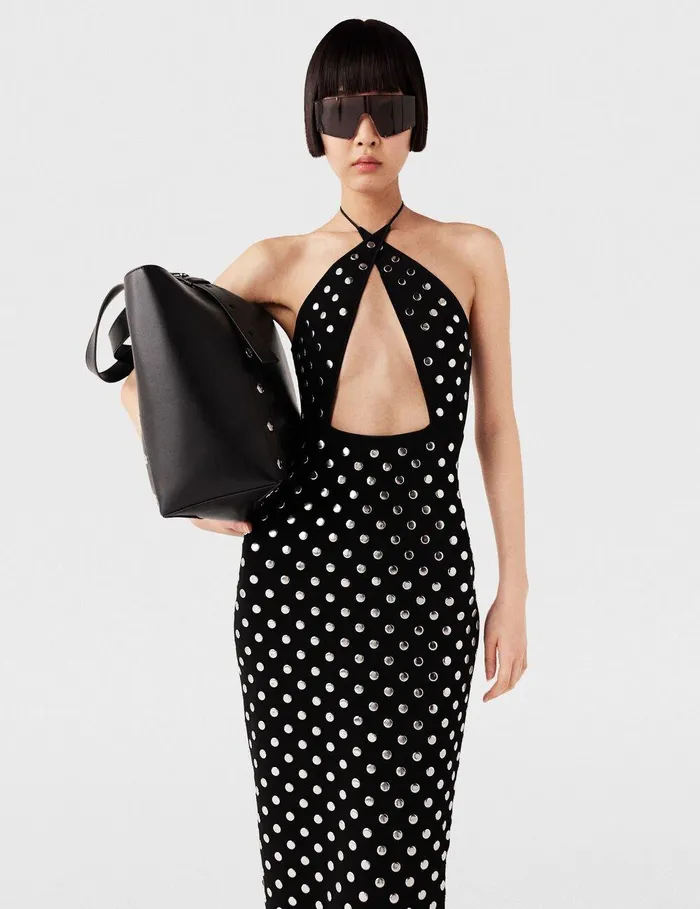 Stella McCartney Dresses Women Studded Halterneck Midi Dress Black And Sliver Stella McCartney Dresses Women Studded Halterneck Midi Dress Black And Sliver