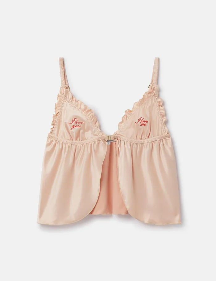 Stella McCartney Lingerie And Sleepwear Women 039Love You039 Embroidery Satin Flounce Camisole Champagne Stella McCartney Lingerie And Sleepwear Women 039Love You039 Embroidery Satin Flounce Camisole Champagne