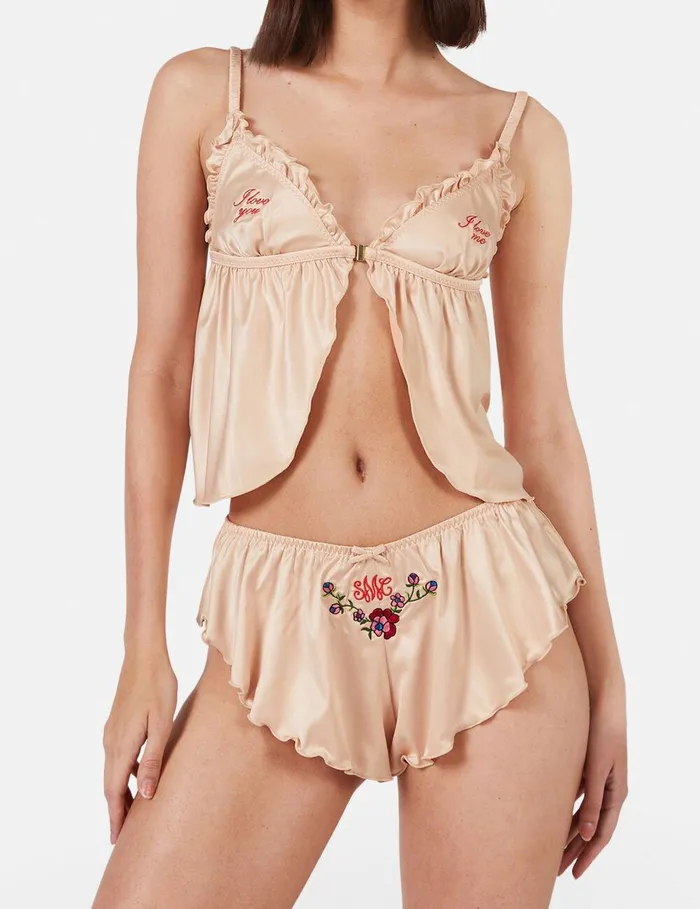 Stella McCartney Lingerie And Sleepwear Women 039Love You039 Embroidery Satin Flounce Camisole Champagne