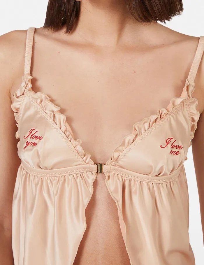 Stella McCartney Lingerie And Sleepwear Women 039Love You039 Embroidery Satin Flounce Camisole Champagne