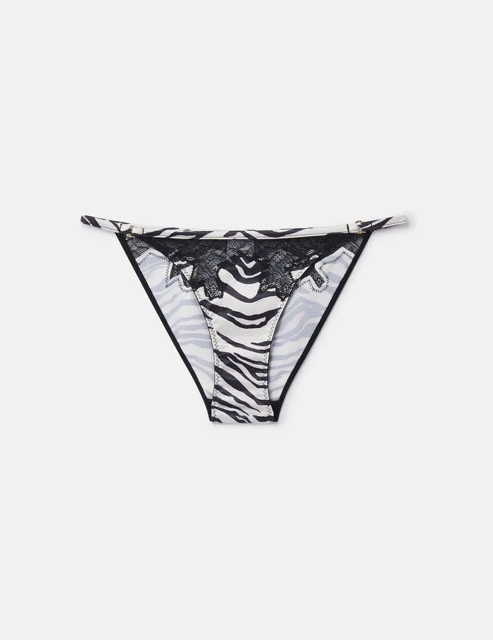 Stella McCartney Lingerie And Sleepwear Women Zebra Print Satin String Bikini Briefs Blackwhite