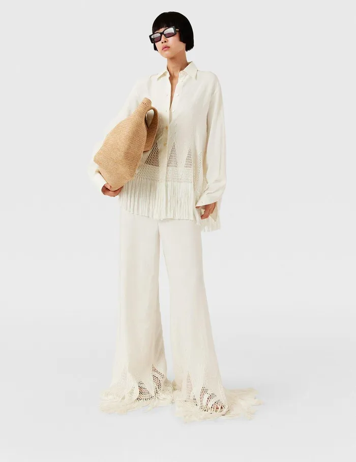 Stella McCartney Pants And Shorts Women OpenKnit Fringe WideLeg Pants Cream Stella McCartney Pants And Shorts Women OpenKnit Fringe WideLeg Pants Cream