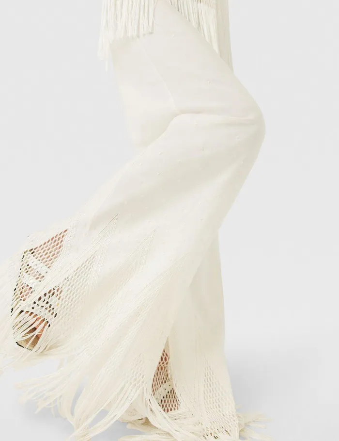 Stella McCartney Pants And Shorts Women OpenKnit Fringe WideLeg Pants Cream Stella McCartney Pants And Shorts Women OpenKnit Fringe WideLeg Pants Cream