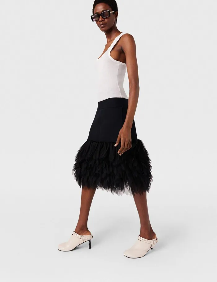 Stella McCartney Skirts Women HighRise Feather Midi Skirt Midnight Black Stella McCartney Skirts Women HighRise Feather Midi Skirt Midnight Black
