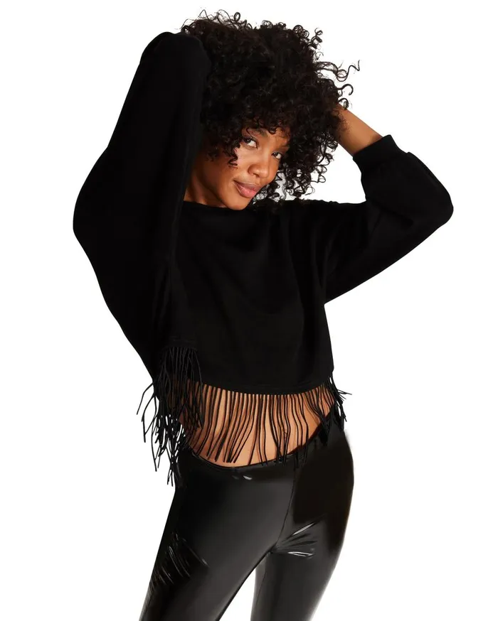 Steve Madden Fringe Crew Neck Black Womens Tops