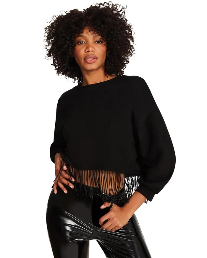 Steve Madden Fringe Crew Neck Black Womens Tops Steve Madden Fringe Crew Neck Black Womens Tops