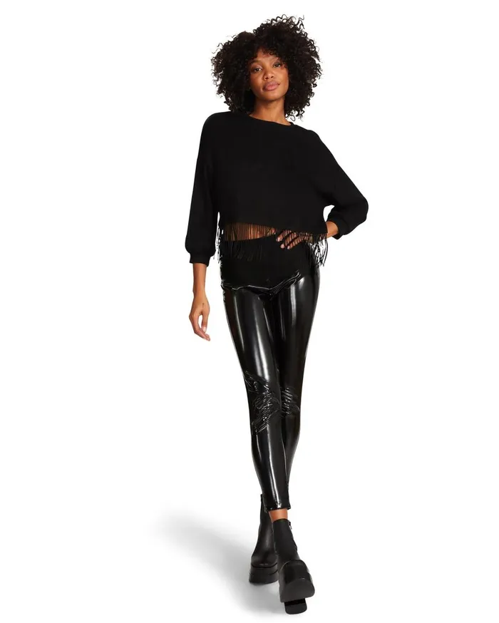 Steve Madden Fringe Crew Neck Black Womens Tops Steve Madden Fringe Crew Neck Black Womens Tops