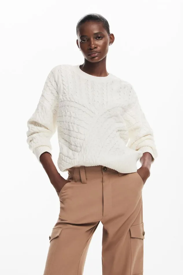 Sweaters Women Desigual Herringbone Detail Sweater White