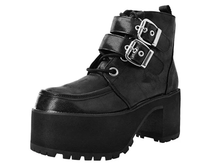 TUK Shoes Boots Women Black 2Buckle Distressed Faux Leather Vegan Nosebleed Boots
