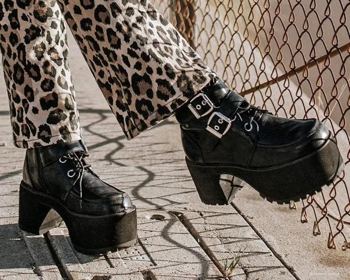 TUK Shoes Boots Women Black 2Buckle Distressed Faux Leather Vegan Nosebleed Boots TUK Shoes Boots Women Black 2Buckle Distressed Faux Leather Vegan Nosebleed Boots
