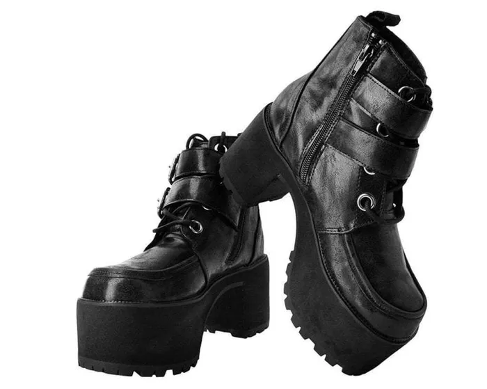 TUK Shoes Boots Women Black 2Buckle Distressed Faux Leather Vegan Nosebleed Boots TUK Shoes Boots Women Black 2Buckle Distressed Faux Leather Vegan Nosebleed Boots