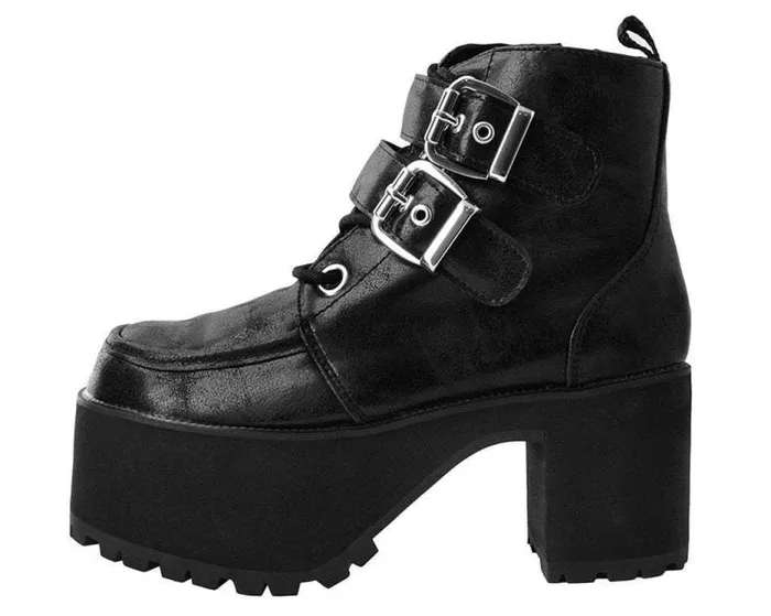 TUK Shoes Boots Women Black 2Buckle Distressed Faux Leather Vegan Nosebleed Boots TUK Shoes Boots Women Black 2Buckle Distressed Faux Leather Vegan Nosebleed Boots