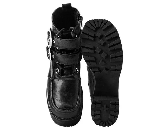 TUK Shoes Boots Women Black 2Buckle Distressed Faux Leather Vegan Nosebleed Boots TUK Shoes Boots Women Black 2Buckle Distressed Faux Leather Vegan Nosebleed Boots
