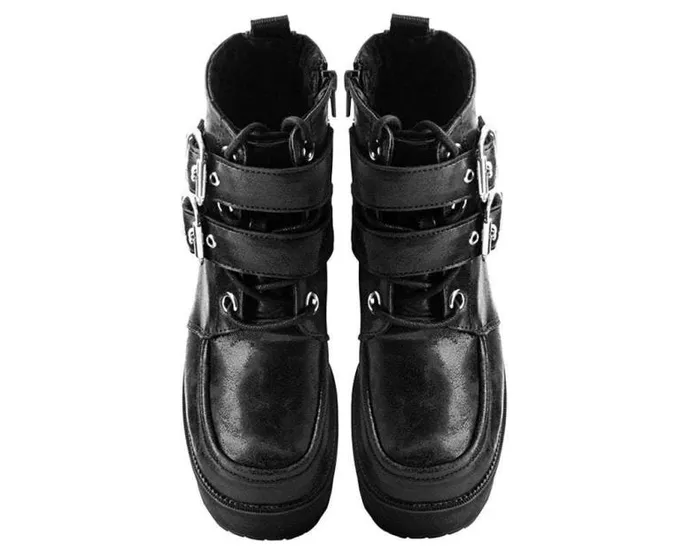 TUK Shoes Boots Women Black 2Buckle Distressed Faux Leather Vegan Nosebleed Boots TUK Shoes Boots Women Black 2Buckle Distressed Faux Leather Vegan Nosebleed Boots
