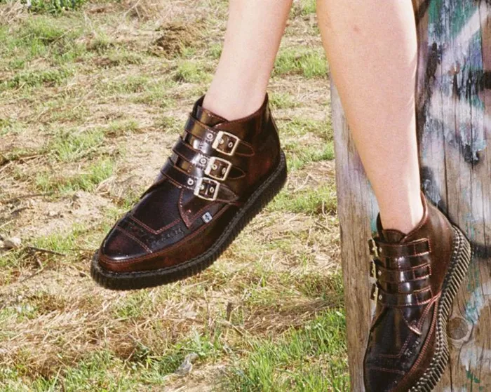 TUK Shoes Boots Women Burgundy RubOff 3Buckle Pointed Creeper Boot TUK Shoes Boots Women Burgundy RubOff 3Buckle Pointed Creeper Boot