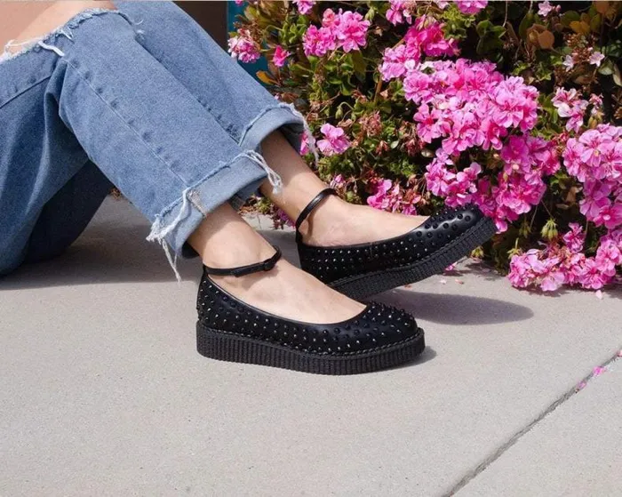 TUK Shoes Mary Janes Women Black Vegan Spiked Pointed Ballet Ankle Strap Creeper TUK Shoes Mary Janes Women Black Vegan Spiked Pointed Ballet Ankle Strap Creeper