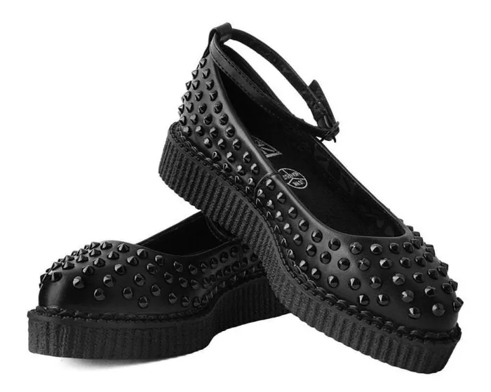 TUK Shoes Mary Janes Women Black Vegan Spiked Pointed Ballet Ankle Strap Creeper TUK Shoes Mary Janes Women Black Vegan Spiked Pointed Ballet Ankle Strap Creeper