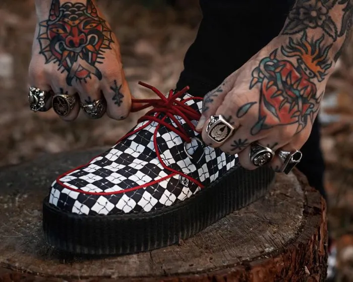 TUK Shoes Vegan Men Black and White Checkered Barbwire Viva Mondo Creeper TUK Shoes Vegan Men Black and White Checkered Barbwire Viva Mondo Creeper