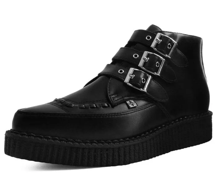 TUK Shoes Vegan Men Black Vegan TUKskin 3Buckle Strap Pointed Toe Creeper Boots