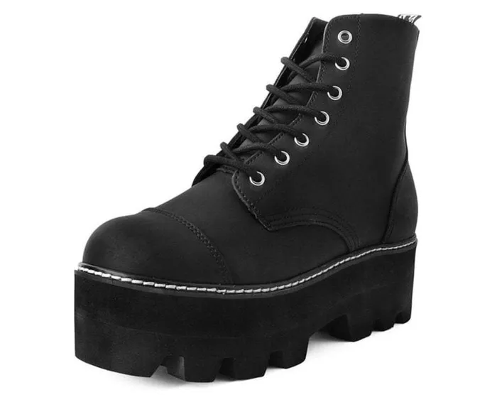 TUK Shoes Vegan Women Black Faux Leather 7Eyelet Dino Lug Sole Boots