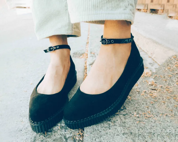 TUK Shoes Vegan Women Black Pointed Ballet Vegan Ankle Strap Creepers TUK Shoes Vegan Women Black Pointed Ballet Vegan Ankle Strap Creepers