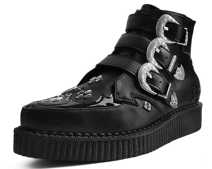 TUK Shoes Vegan Women Black TUKskin Western Vegan 3Buckle Pointed Creeper Boots