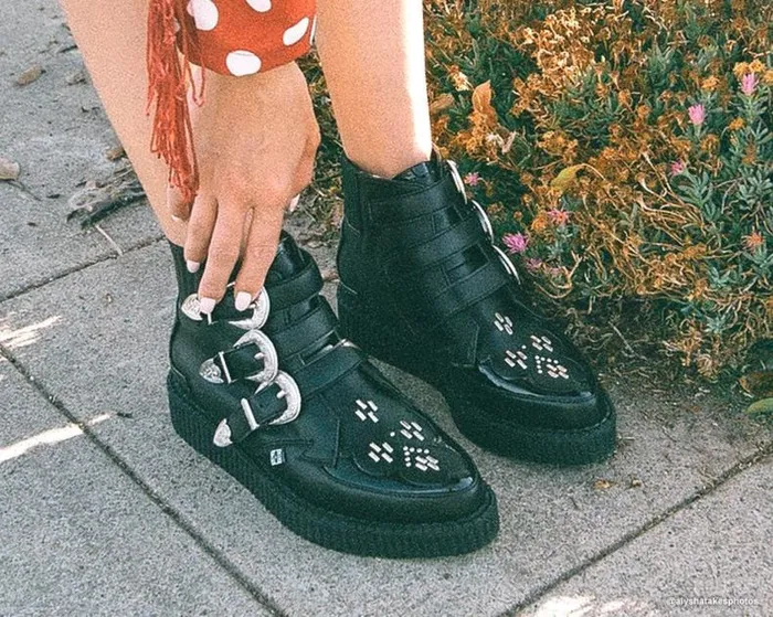 TUK Shoes Vegan Women Black TUKskin Western Vegan 3Buckle Pointed Creeper Boots TUK Shoes Vegan Women Black TUKskin Western Vegan 3Buckle Pointed Creeper Boots