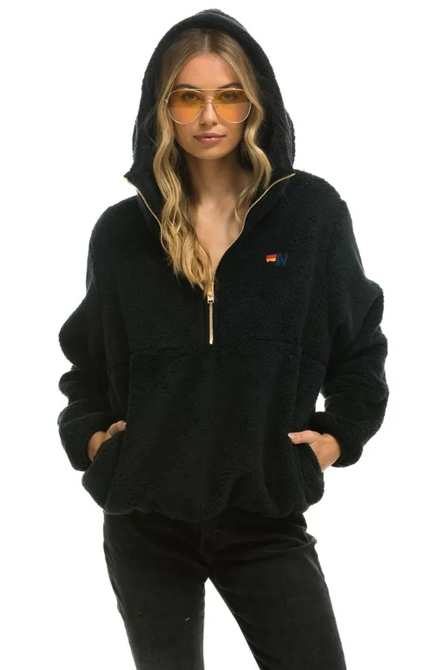 Teddy Apres Hooded Half Zip Jacket 8211 Black WomenMen Aviator Nation Teddy Jackets Teddy Apres Hooded Half Zip Jacket 8211 Black WomenMen Aviator Nation Teddy Jackets