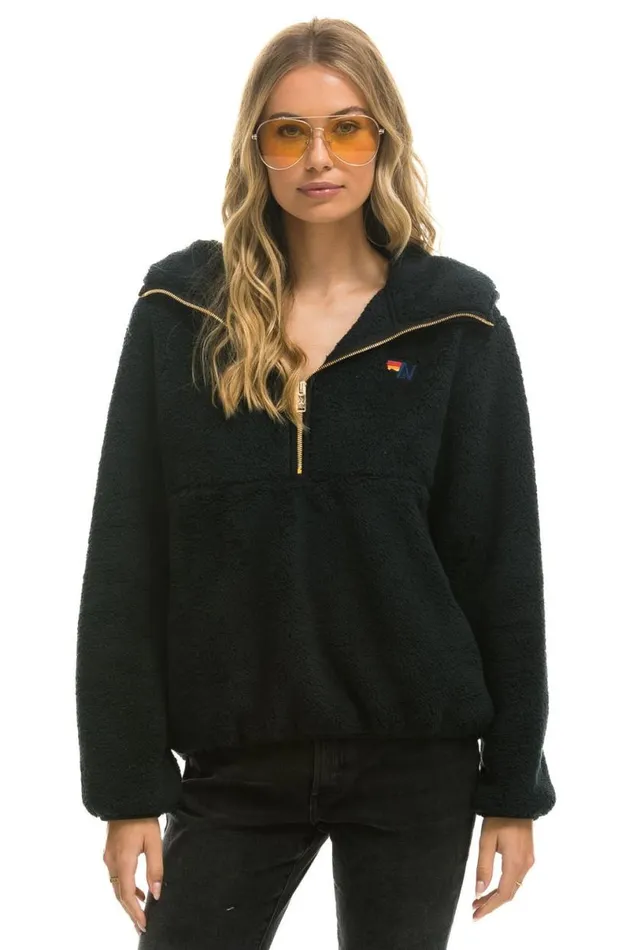 Teddy Apres Hooded Half Zip Jacket 8211 Black WomenMen Aviator Nation Teddy Jackets