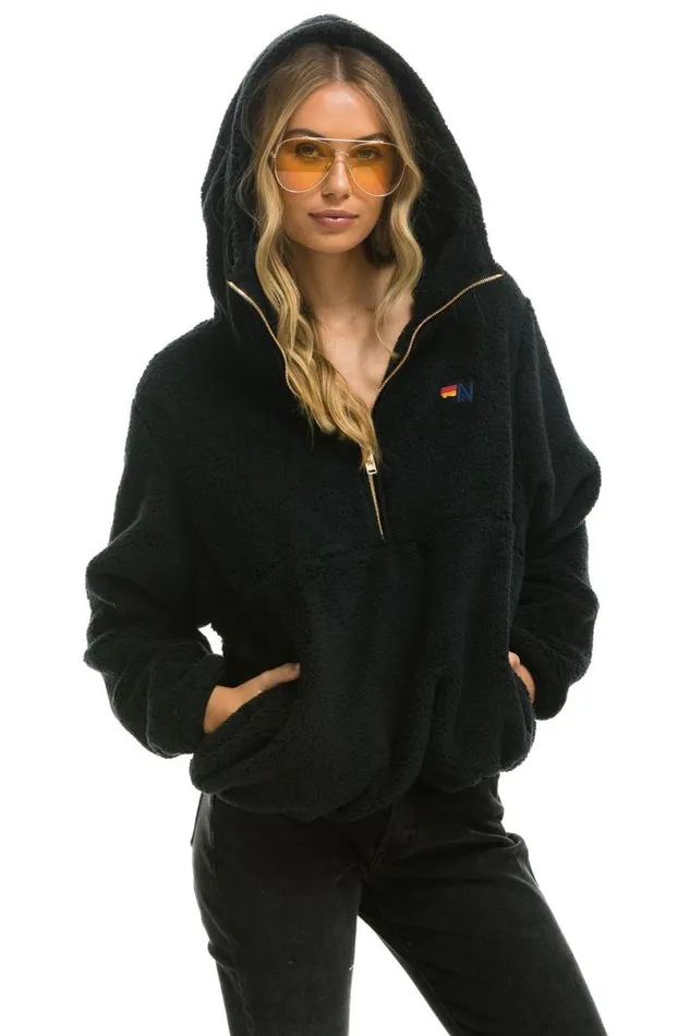 Teddy Apres Hooded Half Zip Jacket 8211 Black WomenMen Aviator Nation Teddy Jackets