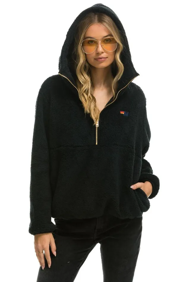 Teddy Apres Hooded Half Zip Jacket 8211 Black WomenMen Aviator Nation Teddy Jackets