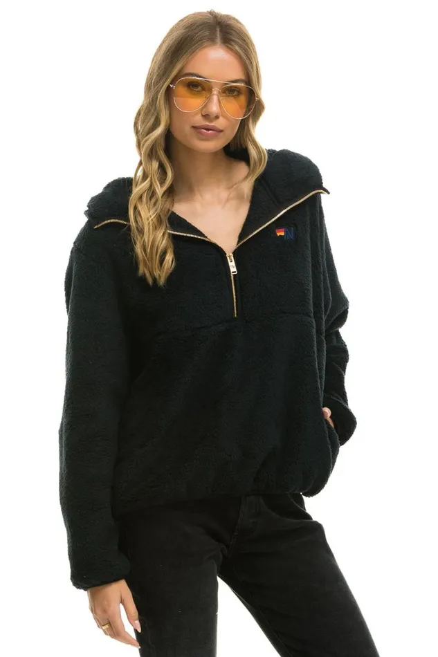 Teddy Apres Hooded Half Zip Jacket 8211 Black WomenMen Aviator Nation Teddy Jackets
