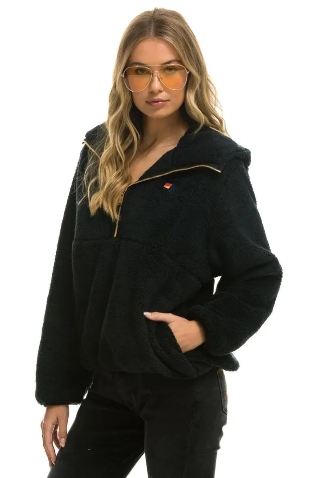 Teddy Apres Hooded Half Zip Jacket 8211 Black WomenMen Aviator Nation Teddy Jackets