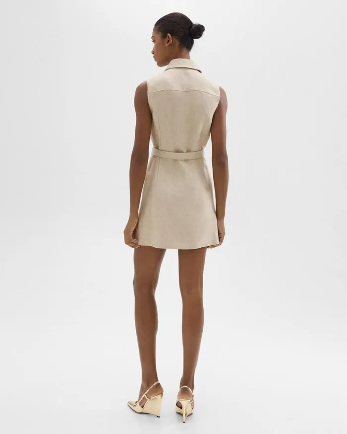 Theory Belted Military Dress In Basket Weave Linen Straw Women Dresses