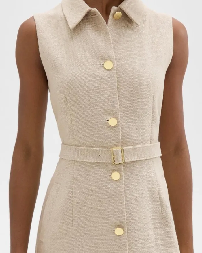 Theory Belted Military Dress In Basket Weave Linen Straw Women Dresses