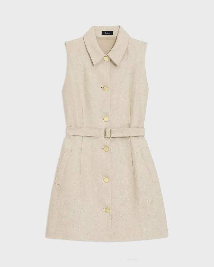 Theory Belted Military Dress In Basket Weave Linen Straw Women Dresses