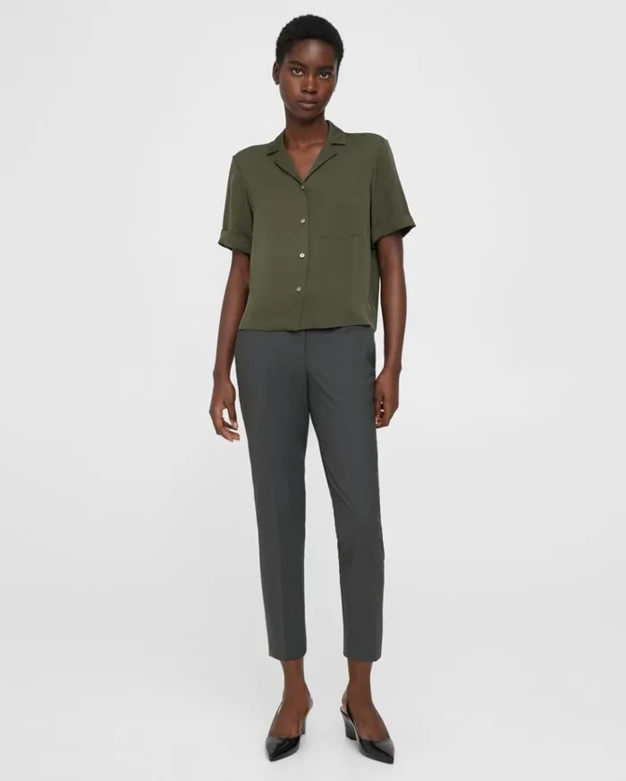 Theory Camp Shirt In Silk Georgette Dark Olive Women Tops