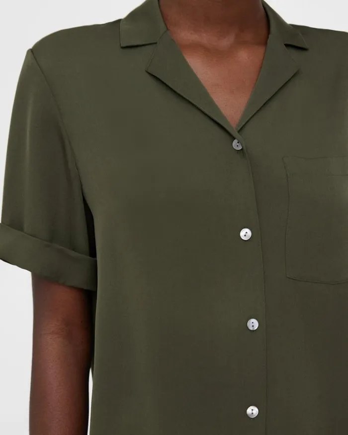 Theory Camp Shirt In Silk Georgette Dark Olive Women Tops